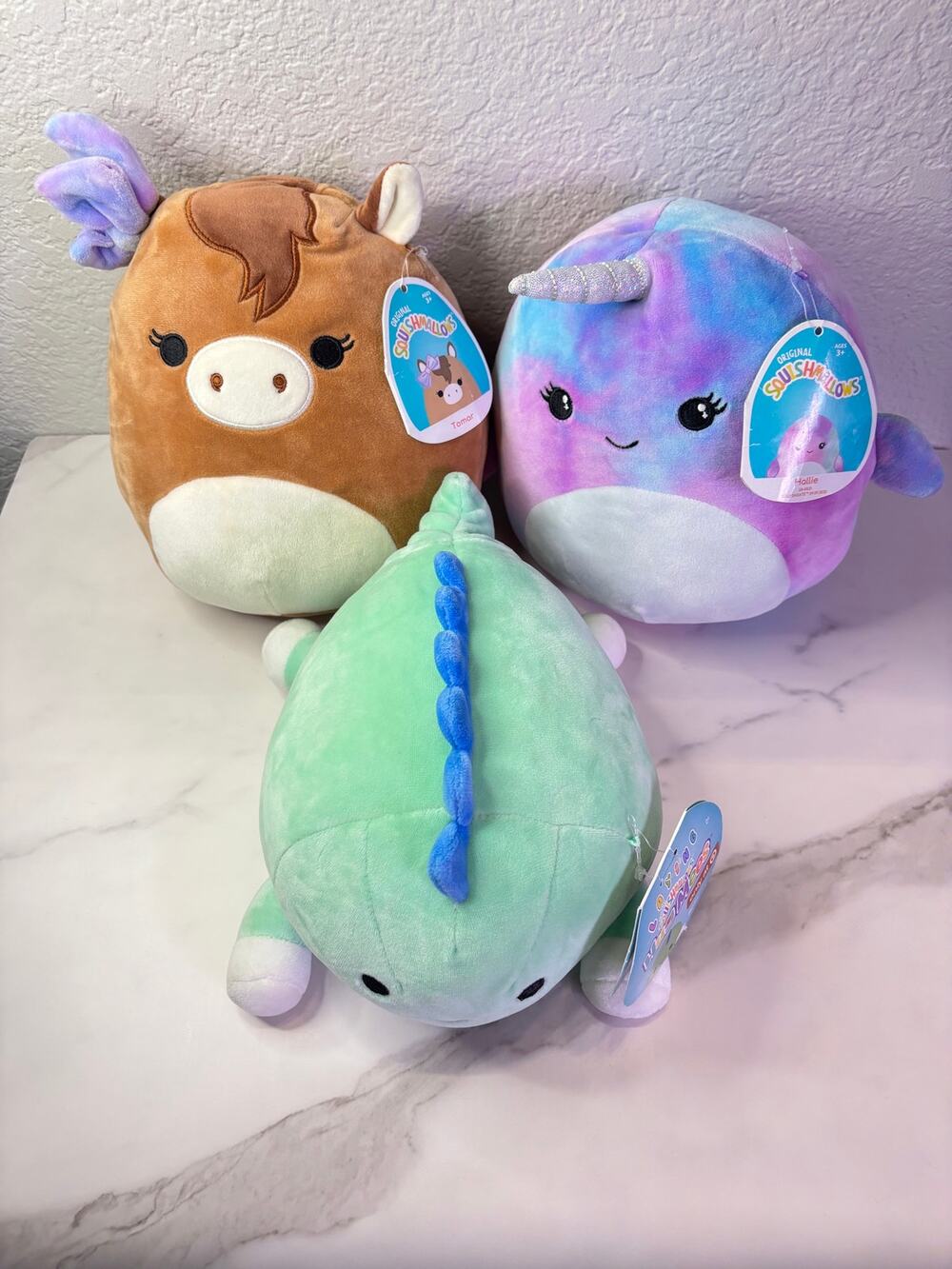 Squishmallow Lot of 3 Rafa Dinosaur HugMees Tomar Horse Hallie Narwhal NWT